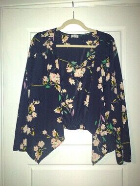 Blue S Navy Floral Open-Front Kimono